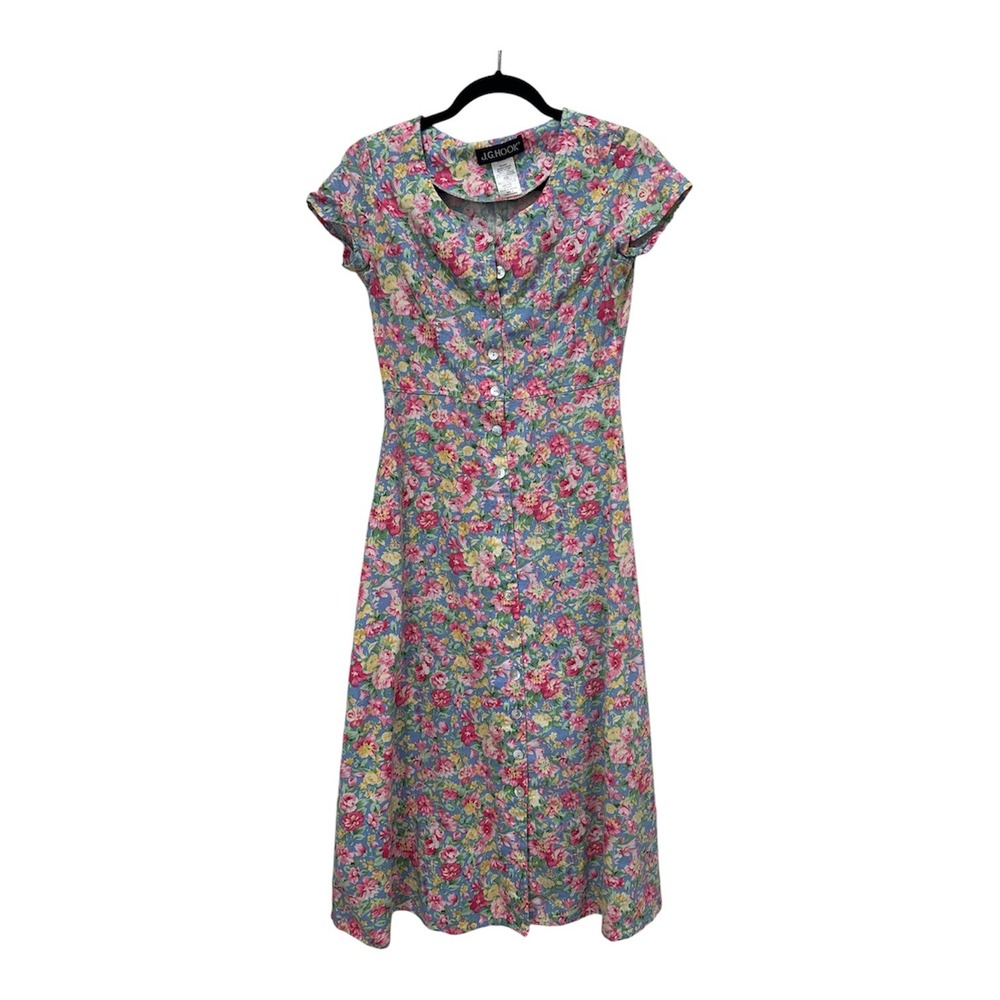 VTG J.G. Hook Floral Midi Dress Linen Rayon Blend 90s Cottagecore Button Front 4